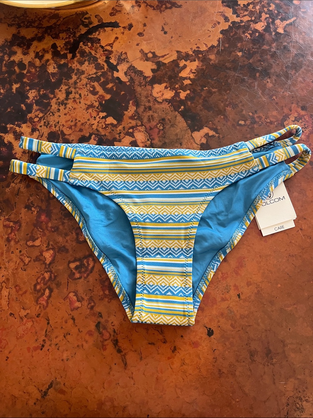 NWT Volcom Blue & Yellow Striped Bikini Bottom